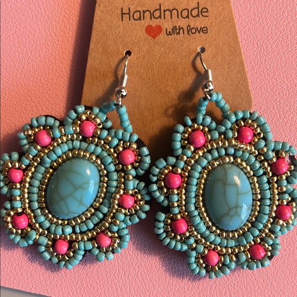 Inked & Indigenous Jewelry - Handmade Beaded Earrings with Turquoise and Pink Beads